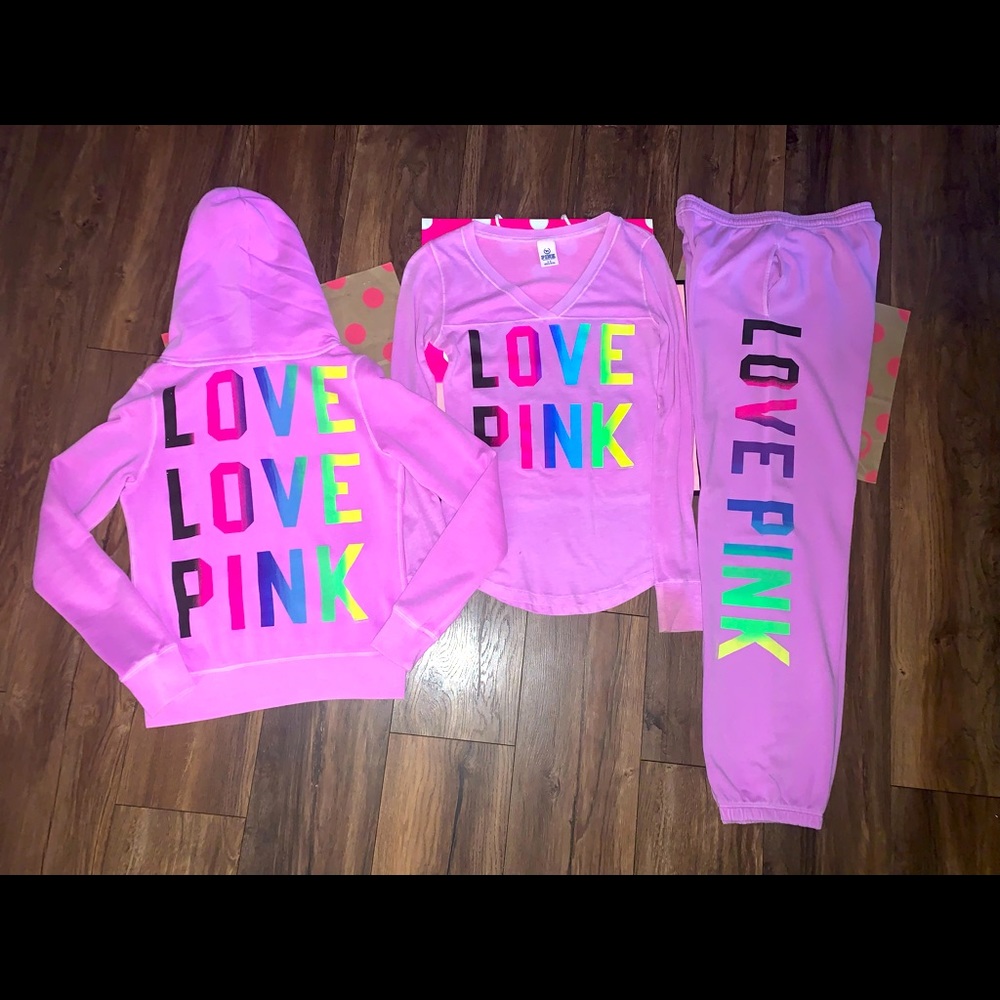 VS PINK size XS RARE HTF Orchid Purple Rainbow Logo 3 piece Set.
